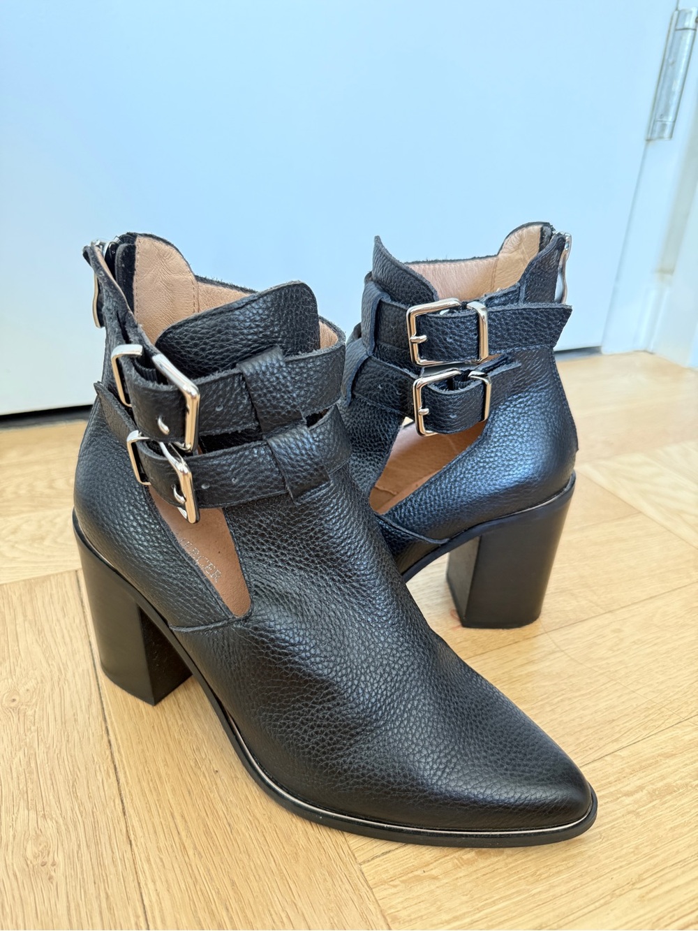 Jo Mercer Black Leather Buckle Cutout Ankle Boots